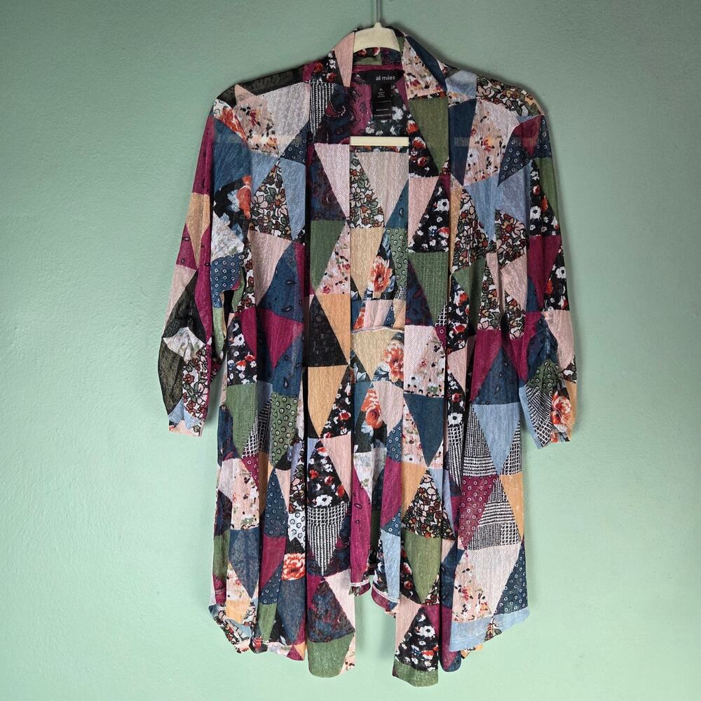 Ali Miles Womens PL Multicolor Open Front Art Semi Sheer Patchwork Cardigan